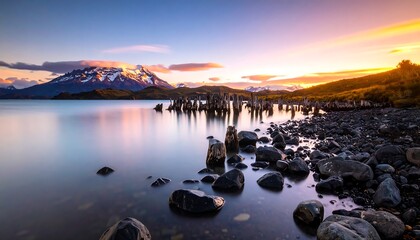 Serene lake sunset with mountains