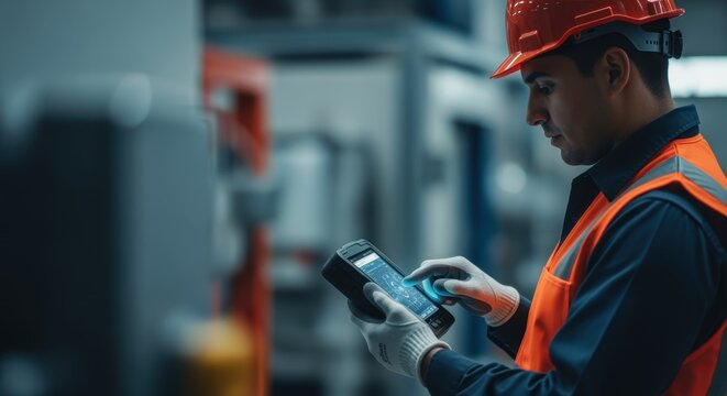 Technician in safety attire accesses process analytics on a handheld digital interface.