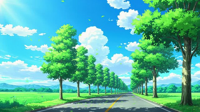 Sunny Daytime Road Through Lush Green Trees