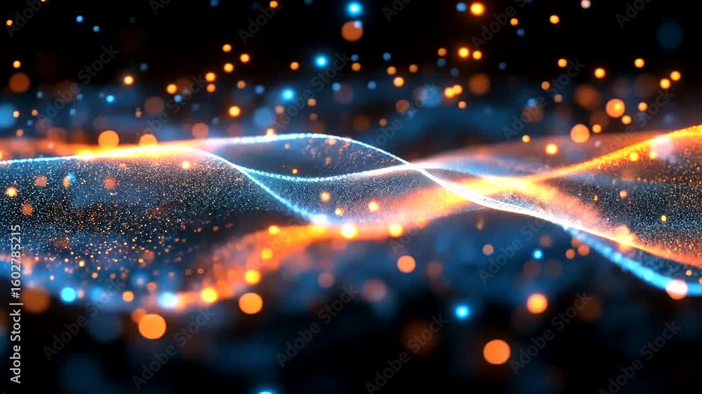 Poster abstract particle waveform with glowing blue and orange lights animation