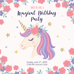 Birthday invitation. Cute design with unicorn, flowers, stars, and hearts for Birthday. Fantasy unicorn. Vector