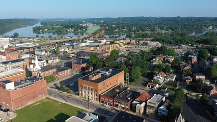 Overlooking Parkersburg, West Virginia, this aerial view showcases the vibrant downtown area with the Ohio River and Little Kanawha River in the background.