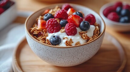 Healthy breakfast dish featuring yogurt, granola, mixed berries and whole grains in a ceramic bowl.