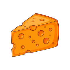 Cartoon Vector Illustration of Bright Orange Swiss Cheese Wedge with Bite Mark and Circular Holes on White Background