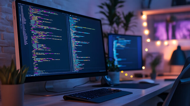 frameless tablet with dark mode code editor UI floating in tech workspace, dual monitor setup in background.