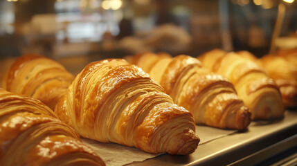 Golden French croissants on bakery counter, flaky texture, morning light, warm tones, shallow depth of field.