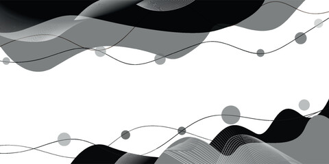 Black and White Abstract Wave Background with Dynamic Lines, Mesh Elements, and Dots, Perfect for Modern Art, Business Templates, and Technology Designs.