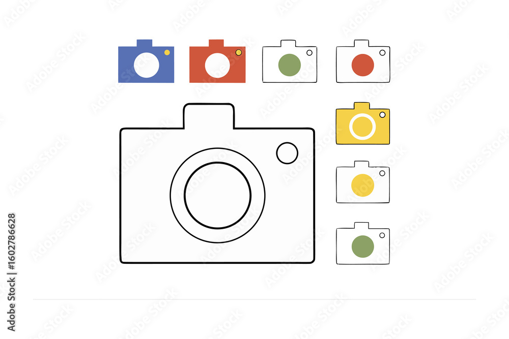 Poster collection of stylized camera icons featuring a large outline camera and smaller colorful variations