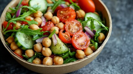 Two wooden bowls filled with a delicious and nutritious chickpea salad garnished with fresh greens.