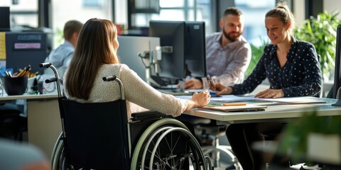 A diverse business team discussing work in a modern office. Including individuals with disabilities, emphasizing inclusivity and accessibility.