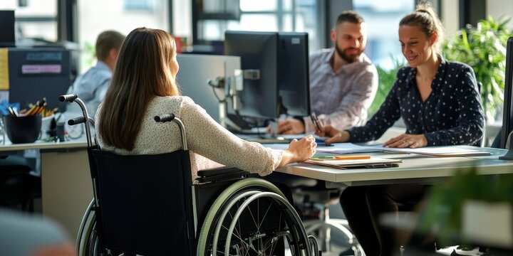 A diverse business team discussing work in a modern office. Including individuals with disabilities, emphasizing inclusivity and accessibility.
