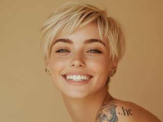 A young woman with short hair, a tattoo, and piercings smiles at the camera.