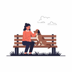 Woman sitting on park bench petting her dog enjoying a sunny day outdoors
