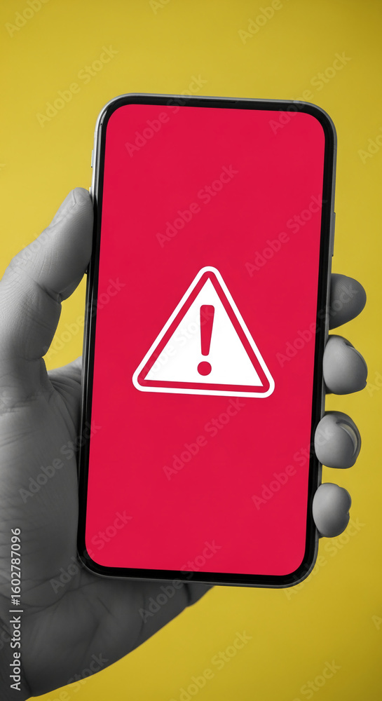 Poster hand holding smartphone displaying red screen with white warning triangle and exclamation mark, symb