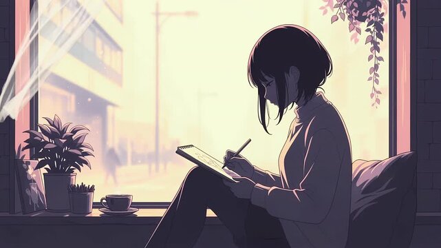 Young Woman Drawing in a Cozy Cafe Setting