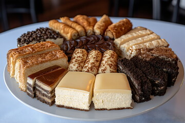 Desserts arranged on a platter featuring various pastries and cakes at a gathering in a cozy setting