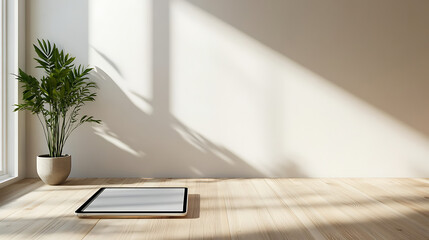 frameless tablet hovering in bright Scandinavian interior, light wood floor and white wall, soft daylight.