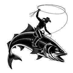 Vector Silhouette of a Cowboy Riding a Giant Fish with Lasso isolated on white