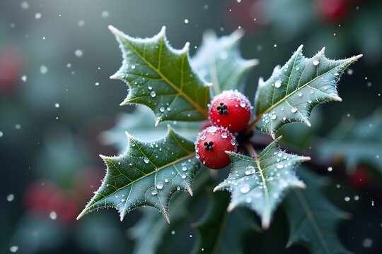Close up of frosty holly leaves with red berries and falling snow - Powered by Adobe