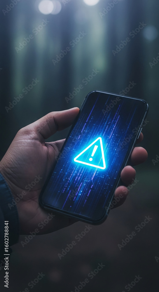 Poster hand holds smartphone displaying a glowing blue warning triangle, set against a blurred forest backg