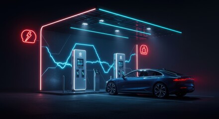 Futuristic Electric Car Charging at Station at Night with Neon Lights
