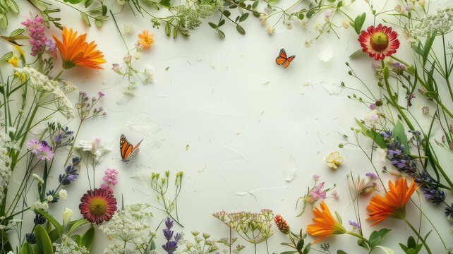 pastel white background with  copy space flowers butterfly and plants