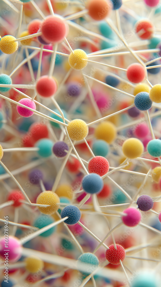 Poster colorful textured spheres connected by thin rods, creating a complex network structure symbolizing c