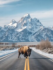 Bison Crossing Road in Front of Grand Teton Mountain Landscape