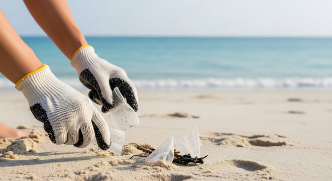Volunteer collecting plastic trash on sandy beach, promoting environmental conservation and ocean cleanup for a cleaner planet.