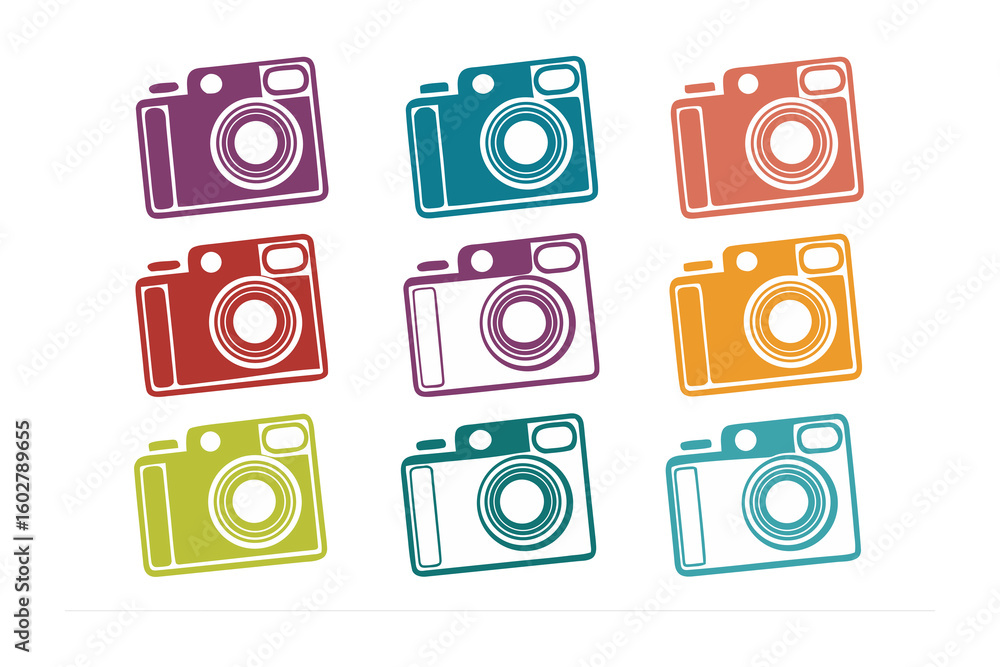 Aufkleber a vibrant collection of nine retro style cameras in a grid arrangement each featuring a distinct col