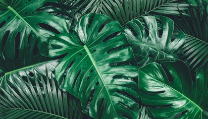 Fototapeta premium Lush Green Monstera and Palm Leaves Texture Tropical Botanical Background