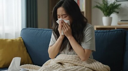 A woman sits on a blue couch tissue in hand likely sick or experiencing allergies She is wrapped in a cream blanket - Powered by Adobe