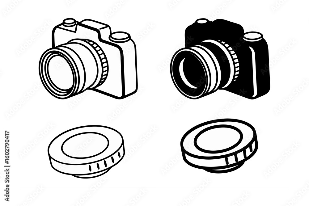 Aufkleber two hand drawn illustrations of a dslr camera and lens caps in a simple sketch style