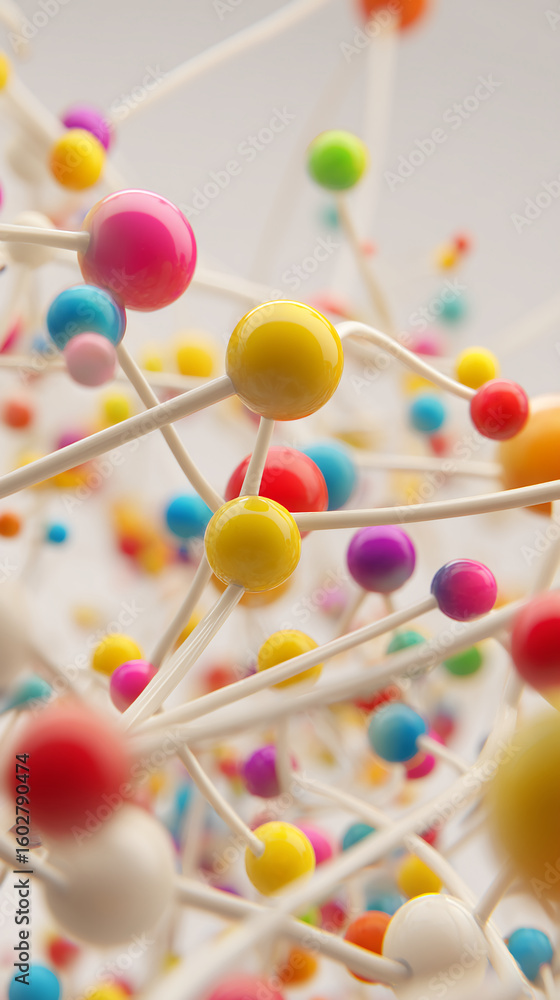 Poster abstract image of colorful spheres connected by thin rods, creating a complex network structure, sym