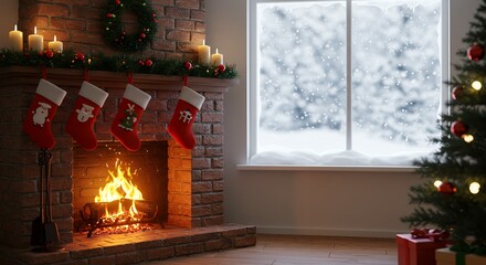 Cozy fireplace scene with christmas decorations