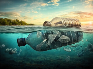 Plastic garbage in ocean. Marine pollution
