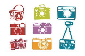 A vibrant collection of stylized retro and modern camera illustrations in a grid layout against a white background