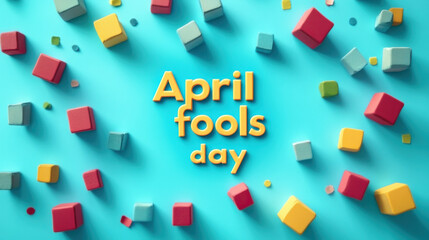 Card with April fools day with various colored cubes around, turquoise background