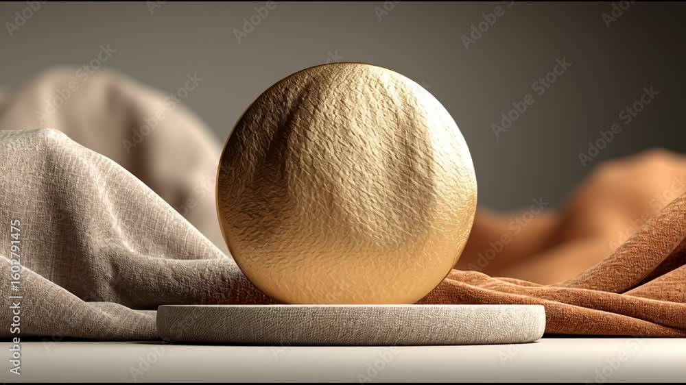 Poster golden textured sphere and circle on warm neutral fabric platform with soft lighting creating elegan