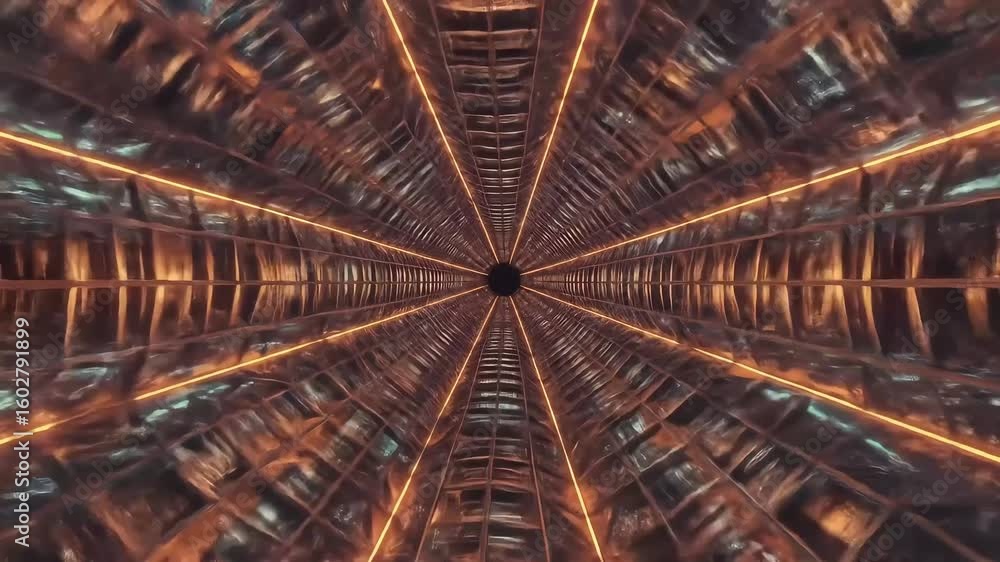 Poster abstract view of a futuristic tunnel with glowing lines and metallic surfaces creating depth
