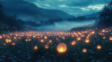 Enchanted Field of Glowing Lanterns at Night
