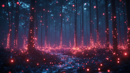 Enchanted Dark Forest at Night with Glowing Red and Pink Lights