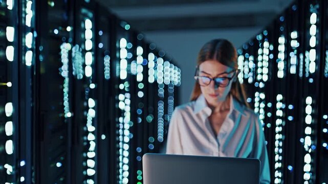Woman in server room. Woman working as a computer technician. A focused data center with a focus on professional technology. Female in a data center lifestyle.