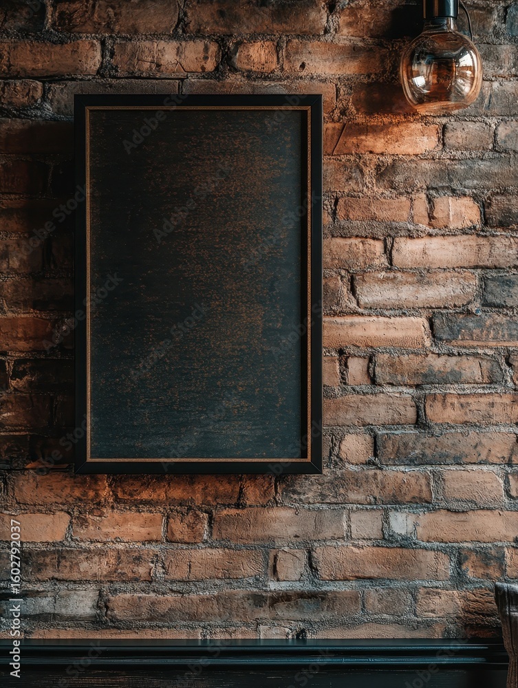 Poster medium-sized rectangular empty frame against brick wall background
