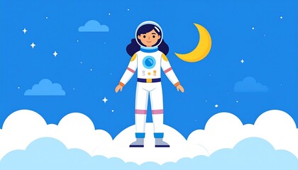 Cute astronaut girl on clouds at night