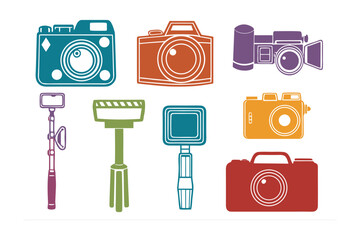 Collection of vintage and modern camera icons featuring various styles and accessories for photography enthusiasts