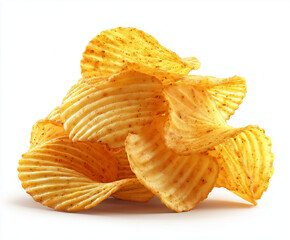 Pile of Delicious Ridged Potato Chips with Seasoning on a White Background