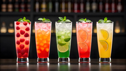 Five colorful tall cocktails with fruit and mint garnishes