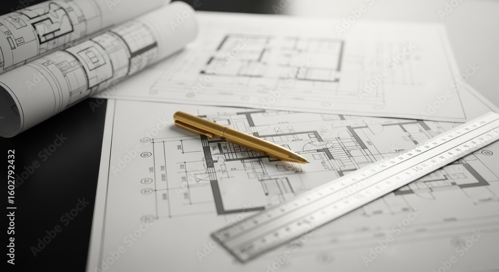 Poster architectural project blueprints with ruler and pen on black desk are ready for engineer to review a