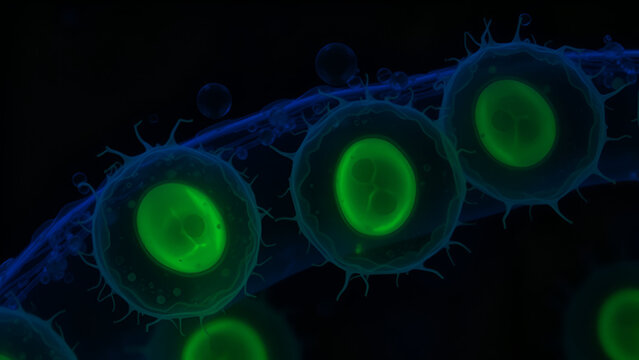 Fluorescence microscopy of Giardia lamblia cysts,
green-stained double nuclei visible,
contaminated water droplets as context,
zoonotic transmission diagram .